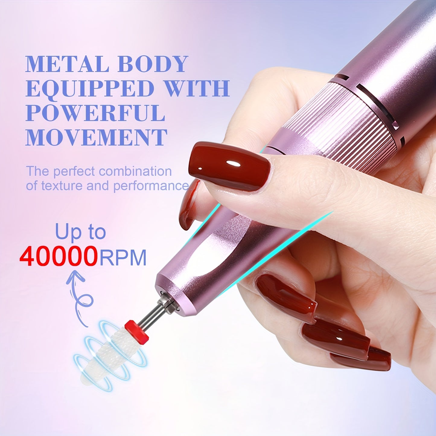 Electric Nail Drill Professional: 40000RPM Powerful Electric Nail File Portable Nail Drill with 12 Drill Bits Rechargeable Efile for Acrylic Gel Nails Removing Manicure Pedicure Salon