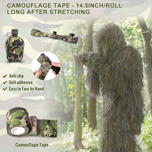 6 in 1 Ghillie Suit,Jungle greendesert yellow 3D Camouflage Hunting Apparel Including Jacket, Pants, Hood, Carry Bag and Camo Tapes Bushman Costume Suitable for Men, Hunters