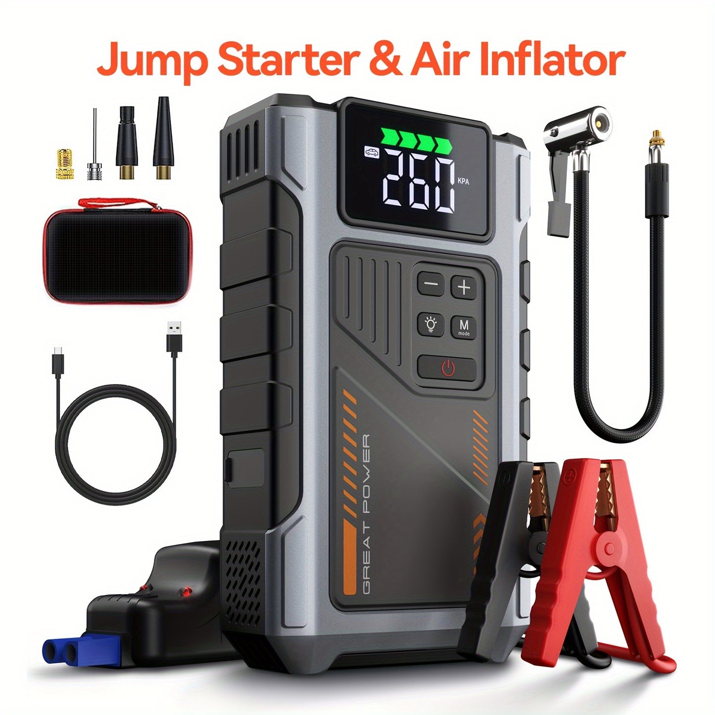 150PSI Car Jump Starter With Air Portable Jump Box, 12V Car Battery Booster, Tire Inflator For 7.5L Gas/6.0L Diesel Engines, Car Emergency Kit, Battery Pack, Battery Charger