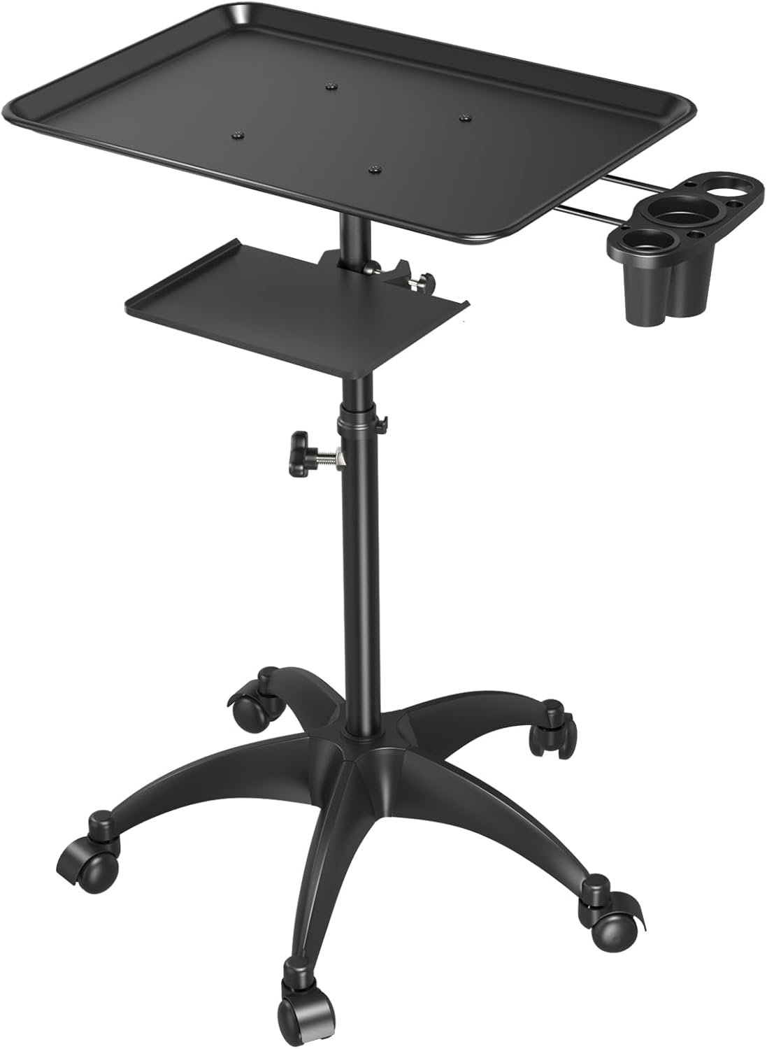 Salon Tray Cart with Storage Platform, Aluminum Tattoo Tray with Wheels Trolley Adjustable Height, Salon Tray Equipment Service Instrument Storage Tray Accessory for Salon & Spa Use, Black