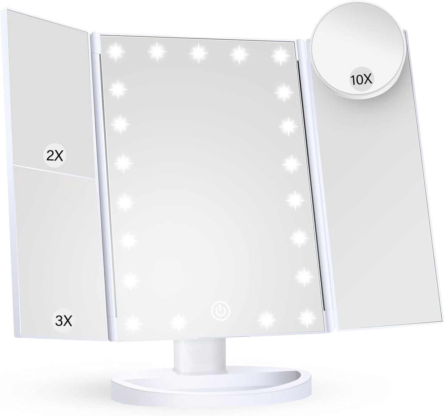 Makeup Mirror Vanity with Lights, 2X 3X 10X Magnification, Lighted Mirror, Touch Control, Trifold Dual Power Supply, Portable LED Women Gift