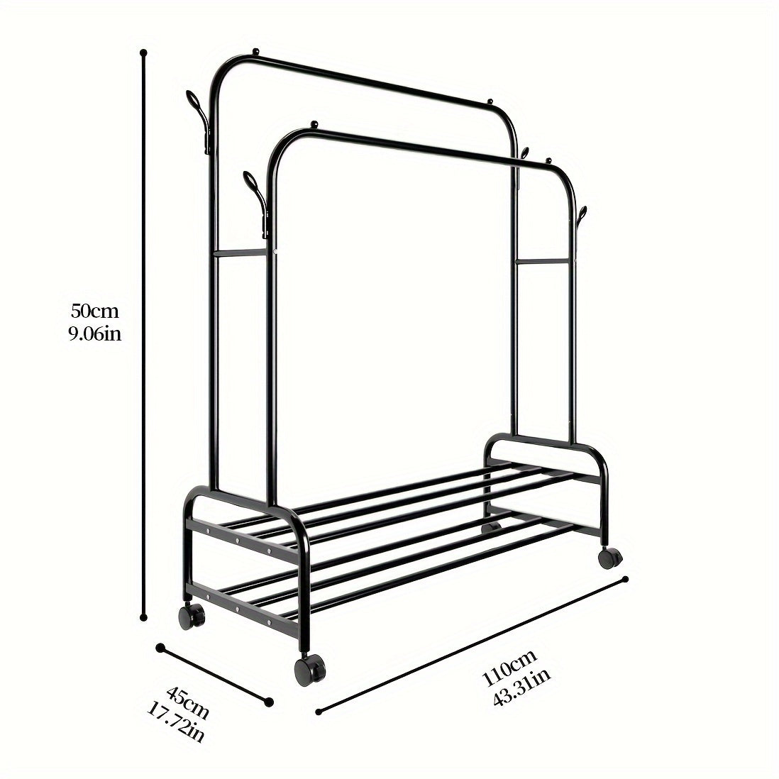 Sturdy Metal Double Rodding Clothes Rack With Wheels, Portable Clothing Rack With Shelves & Hooks, Heavy Duty Garment Racks For Hanging Clothes, Multi-Functional Closet Rack For Bedroom, Black