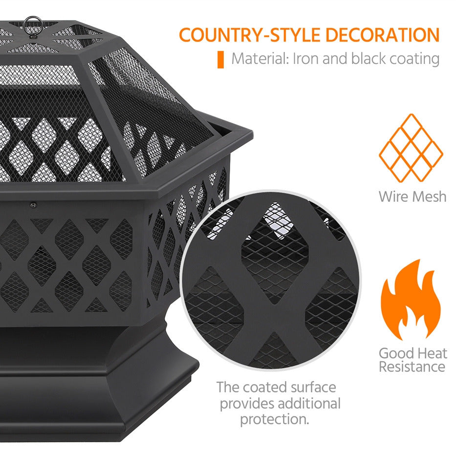 24in Hex Shaped Fire Pit Bowl with Spark Screen & Poker