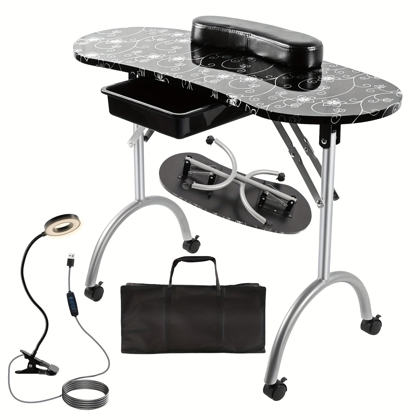 Professional Portable Manicure Station - Foldable Nail Table with Spacious Drawer, LED Lamp, 4 Lockable Wheels, Carry Bag, Wrist Cushion, and Ergonomic Design for Comfortable Nail Care