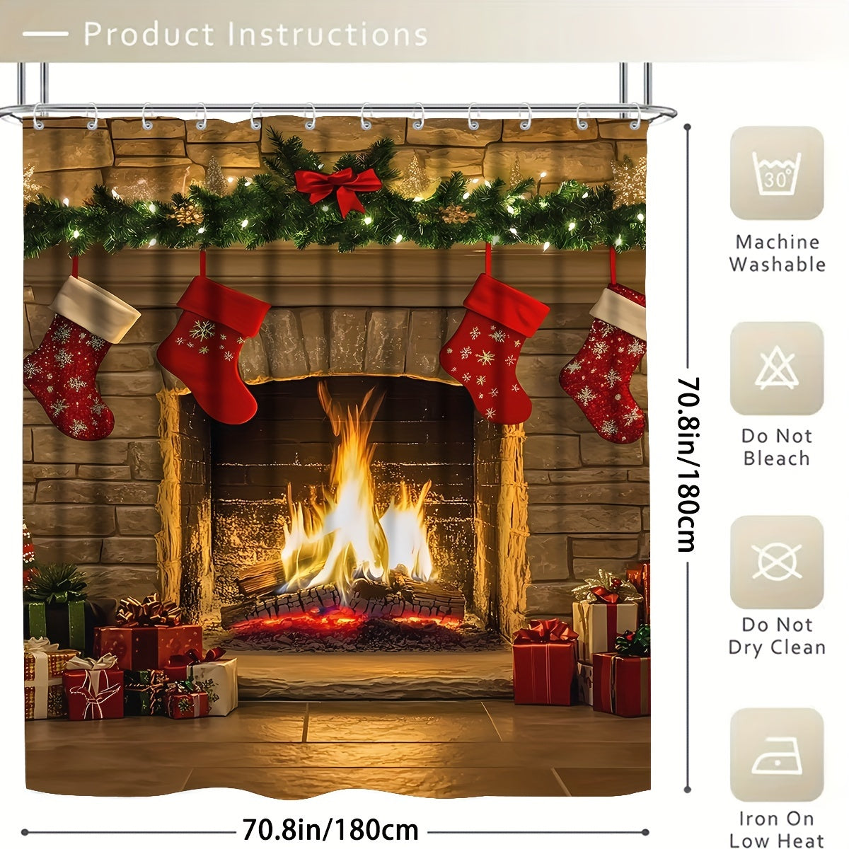 4PCS Christmas Bathroom Accessories Set, Non-Slip Rug, U-Shape Mat, Lid Cover, Partition with 12 Hooks, Fireplace Shower Curtain for Christmas Decor