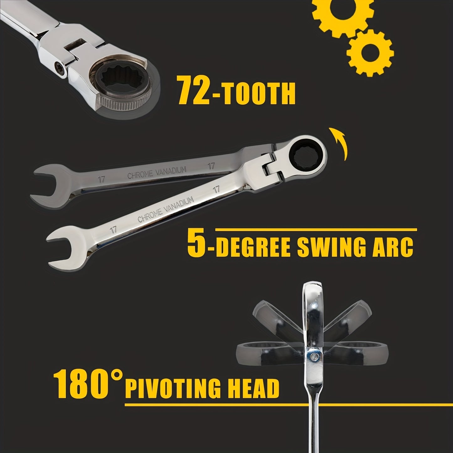 Flex Head Ratcheting Wrench Set, Combination Ended Spanner Kits, Chrome Vanadium Steel Hand Tools Socket Key Ratchet Wrench Set