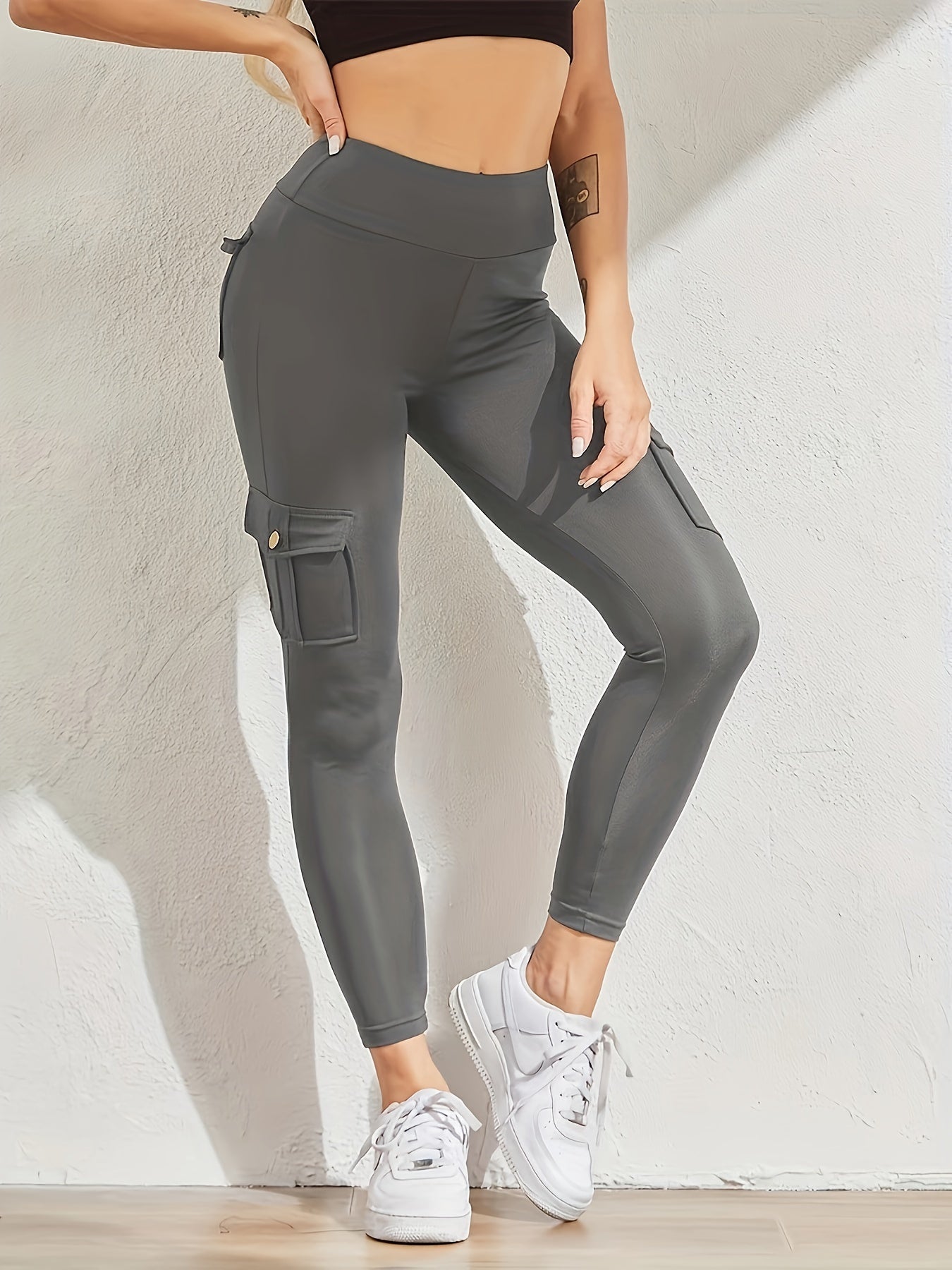 High Waisted Yoga Tight Pants With 4 Pockets For Abdominal Exercise And Running. 4-way Elastic Large Pockets For Leggings