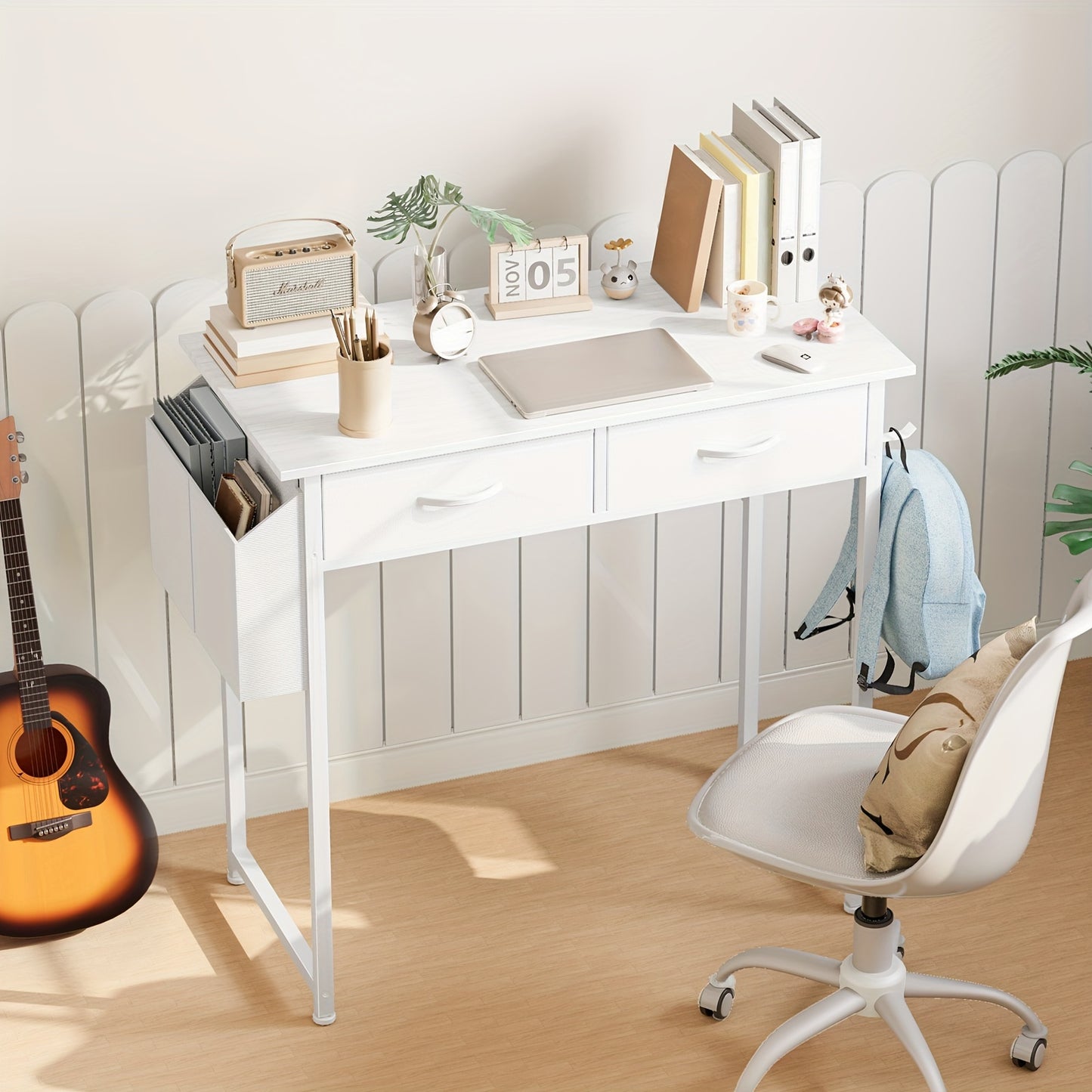 48-inch Computer Desk With 2 Fabric Drawers And Storage Shelves, Keyboard Tray Included, Storage Solution For Bedroom & Home Office, Available In Classic White, Black & Rust Brown Color