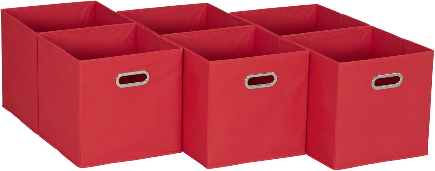 Fabric Storage Cube Bins, 6 Piece Set, Strong Poly-Woven Fabric, Chipboard Sides, Grommet Front Handle, Stackable and Foldable, Classic Design