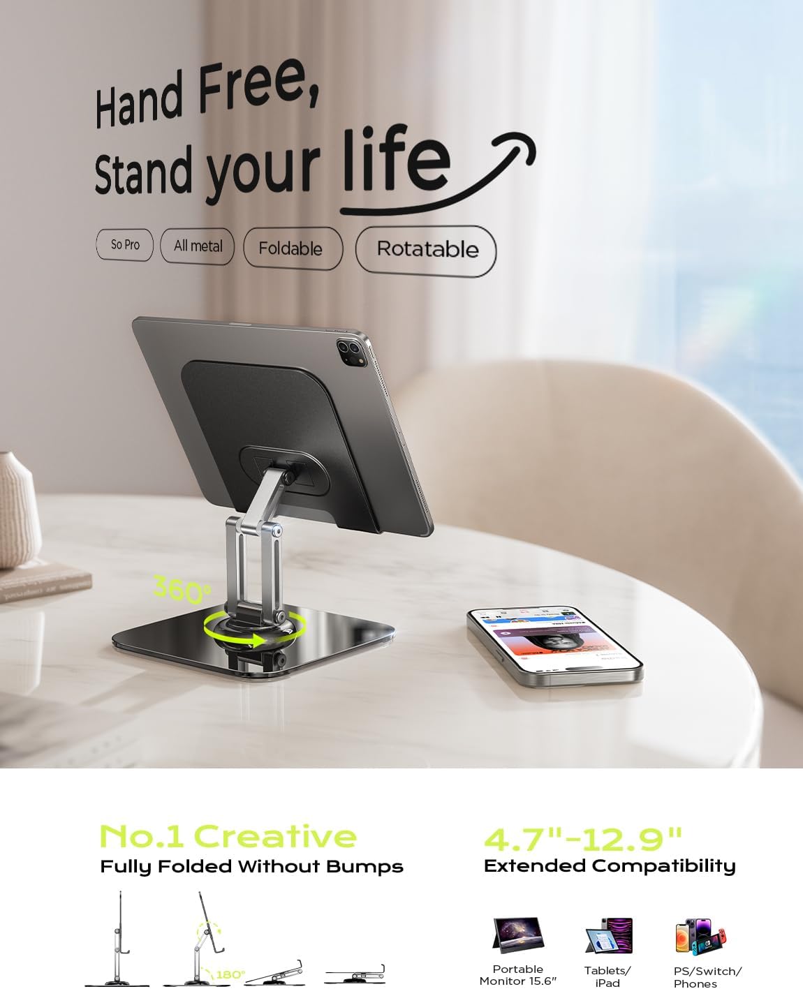 iPad Stand Holder Adjustable Tablet Stand for Desk, 2024 for iPad Accessories for Computer Accessories iPad Holder for Desk Kindle Table Mount/Monitor/PS/Switch iPhone 12.9"-4.7"