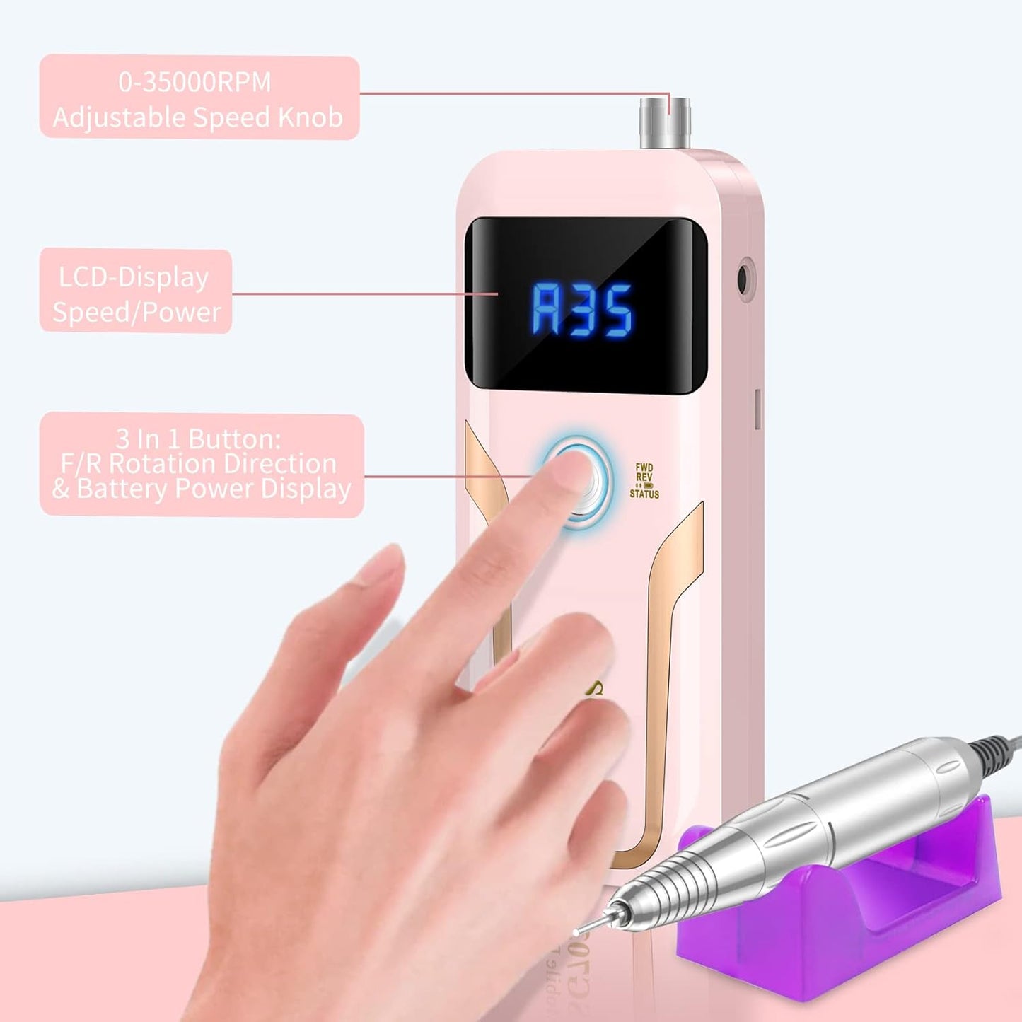 Portable Nail Drill Professional 35000 RPM, Rechargeable Electric Nail File Machine E File for Acrylic Nails Gel Polishing Removing, Cordless Efile with Bits Kit for Manicure Salon Home, Pink