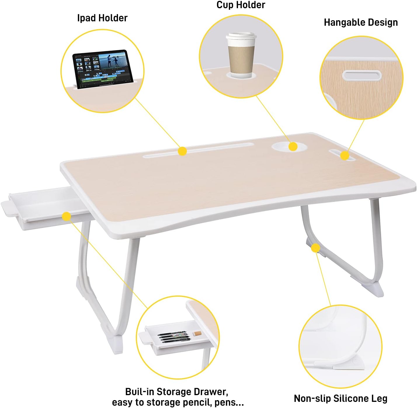 Laptop Bed Desk Tray Bed Table, Foldable Portable Lap Desk with Storage Drawer and Cup Holder for Eating Breakfast on Bed/Couch/Sofa-Black