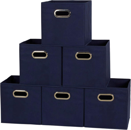 Fabric Storage Cube Bins, 6 Piece Set, Strong Poly-Woven Fabric, Chipboard Sides, Grommet Front Handle, Stackable and Foldable, Classic Design