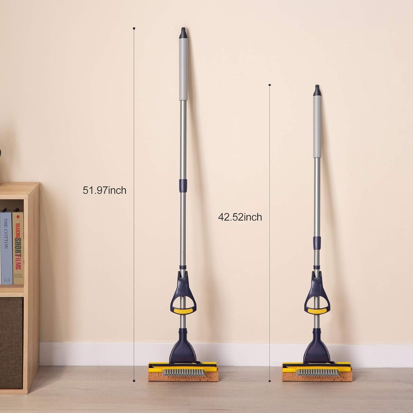 Sponge Mop Home Commercial Use Tile Floor Bathroom Garage Cleaning with Total 2 Sponge Heads Squeegee and Extendable Telescopic Long Handle from 42.5 to 52 Inches Easily Dry Wringing