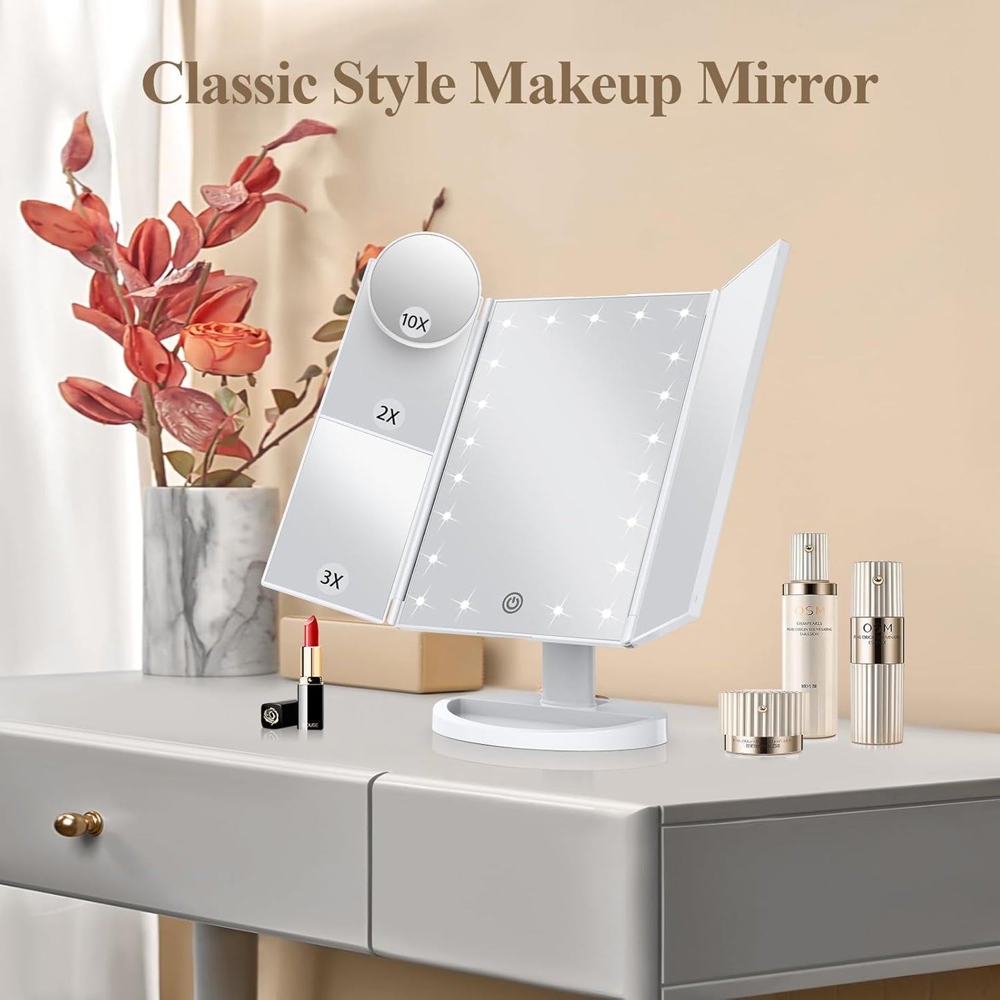 Makeup Mirror Vanity with Lights, 2X 3X 10X Magnification, Lighted Mirror, Touch Control, Trifold Dual Power Supply, Portable LED Women Gift