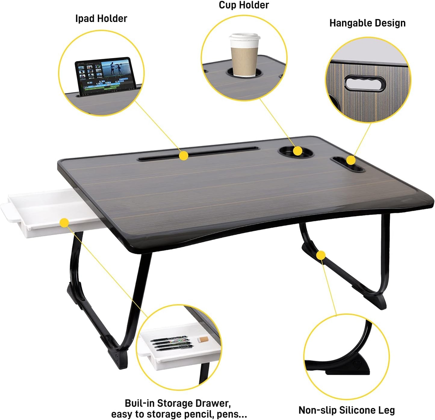 Laptop Bed Desk Tray Bed Table, Foldable Portable Lap Desk with Storage Drawer and Cup Holder for Eating Breakfast on Bed/Couch/Sofa-Black