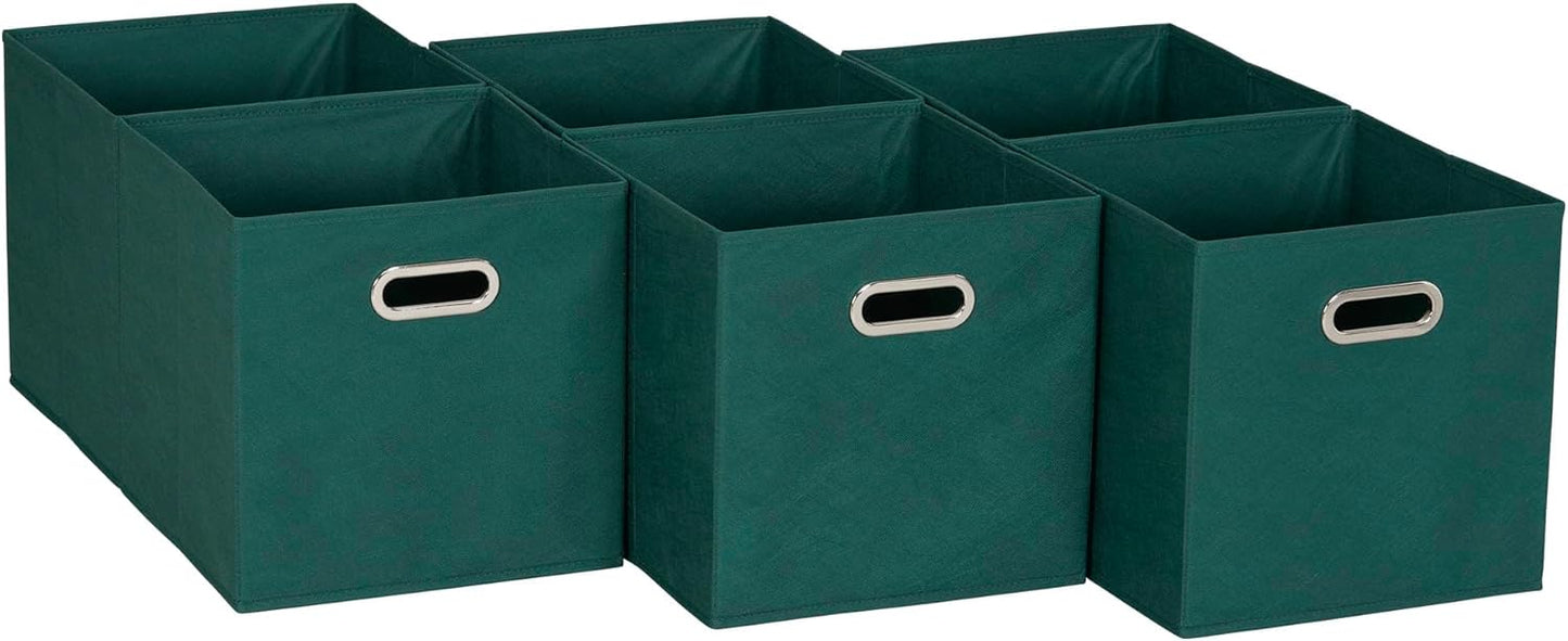 Fabric Storage Cube Bins, 6 Piece Set, Strong Poly-Woven Fabric, Chipboard Sides, Grommet Front Handle, Stackable and Foldable, Classic Design