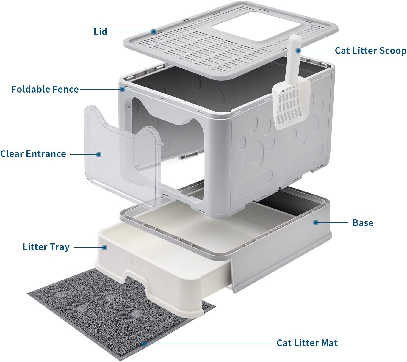 Cat Litter Box with Litter Mat and Scoop, Large Foldable Litter Box with Lid, Front Entry Top Exit Kitty Litter Box, Odor Control Easy Clean (Grey)