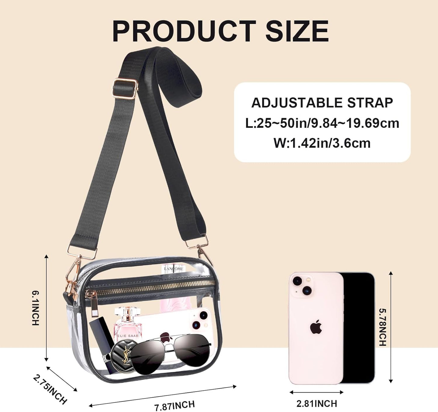 Clear Bag Stadium Approved, Leather Clear Crossbody Purse Bag for Concerts Sports Events Festivals