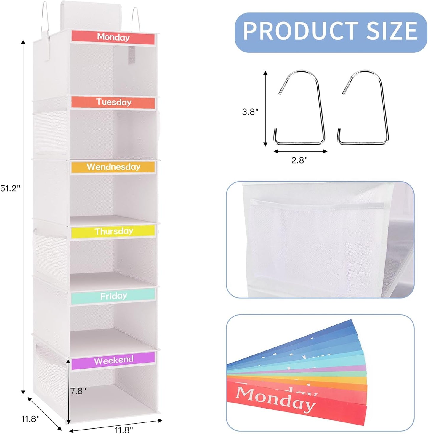 2 Pack 6-Shelf Weekly Hanging Closet Organizer for Kids, Kids Daily Clothes Organizers with 6 Side Pockets, Days of The Week Hanging Storage Shelves