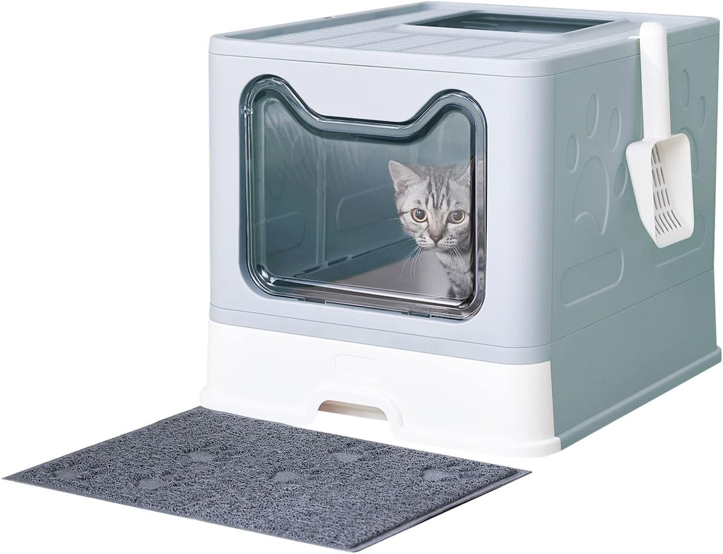 Cat Litter Box with Litter Mat and Scoop, Large Foldable Litter Box with Lid, Front Entry Top Exit Kitty Litter Box, Odor Control Easy Clean (Grey)