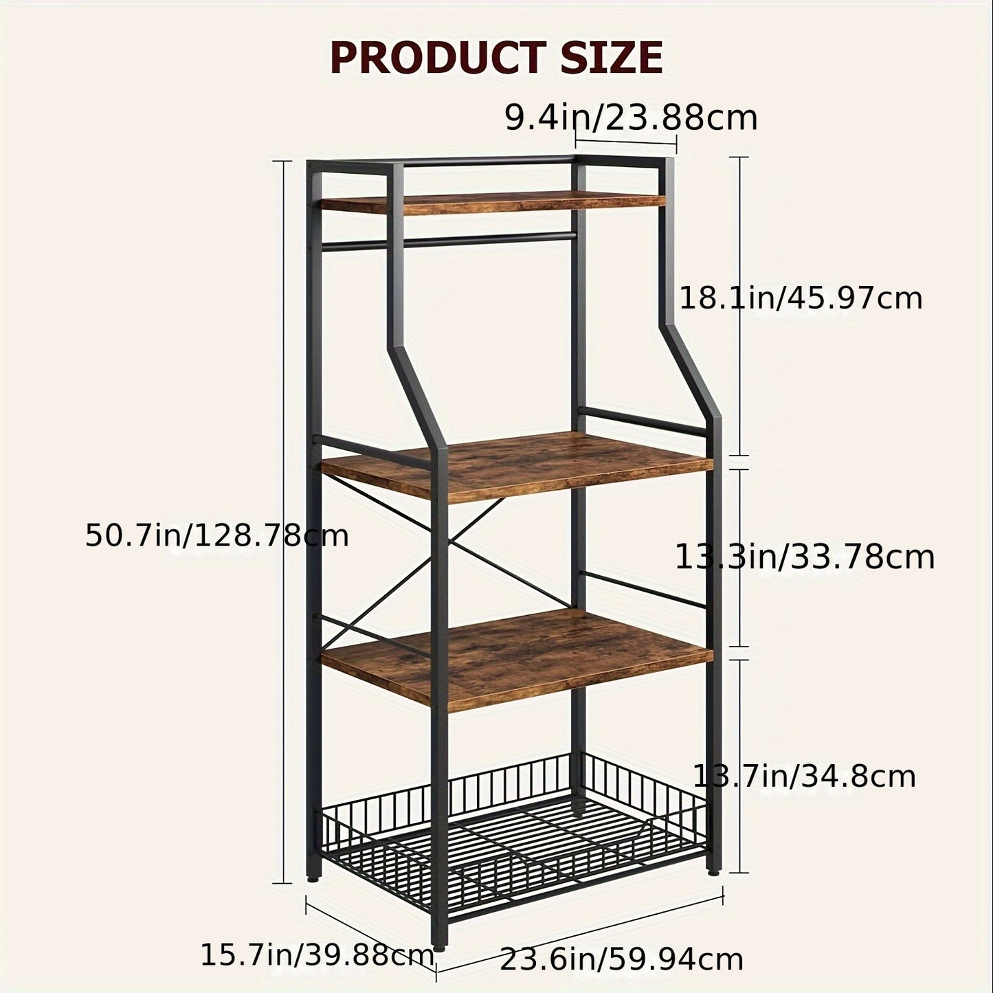 Kitchen Bakers Rack with Large Wire Basket Industrial Kitchen Utility Storage Shelf with 8 Hooks for Spice