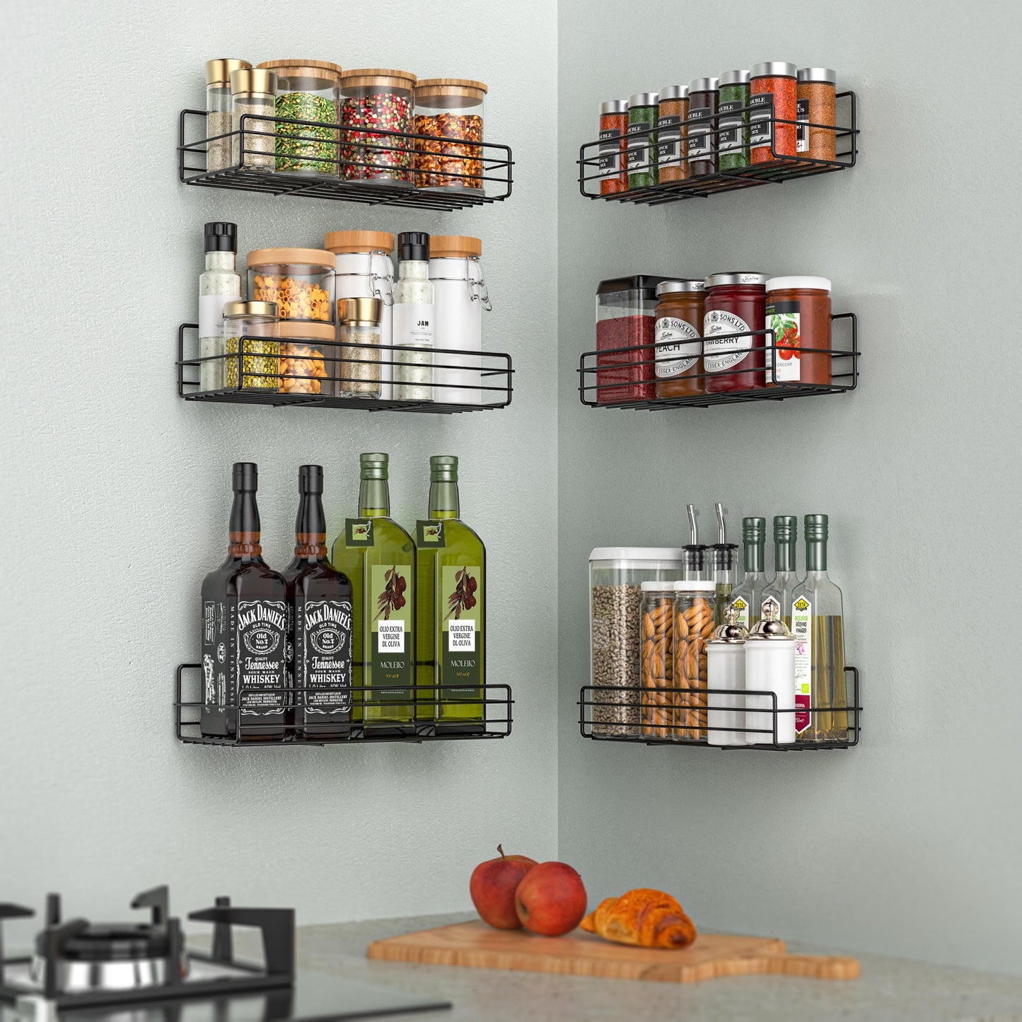 6 Pack Spice Rack Organizer for Cabinet Door Wall Mount, Hanging Black Spice Pantry Organization Storage Shelf, Farmhouse Kitchen Seasoning Organizer Cabinet Door