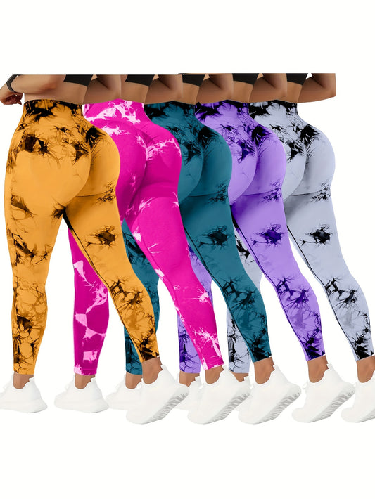 5-Pack High Waist Tummy Control Yoga Pants - Women's Summer Fitness Pants with Tie-Dye Print, Stretchy Running and Workout Tights, Assorted Colors, Peach Lift and Comfortable Fit