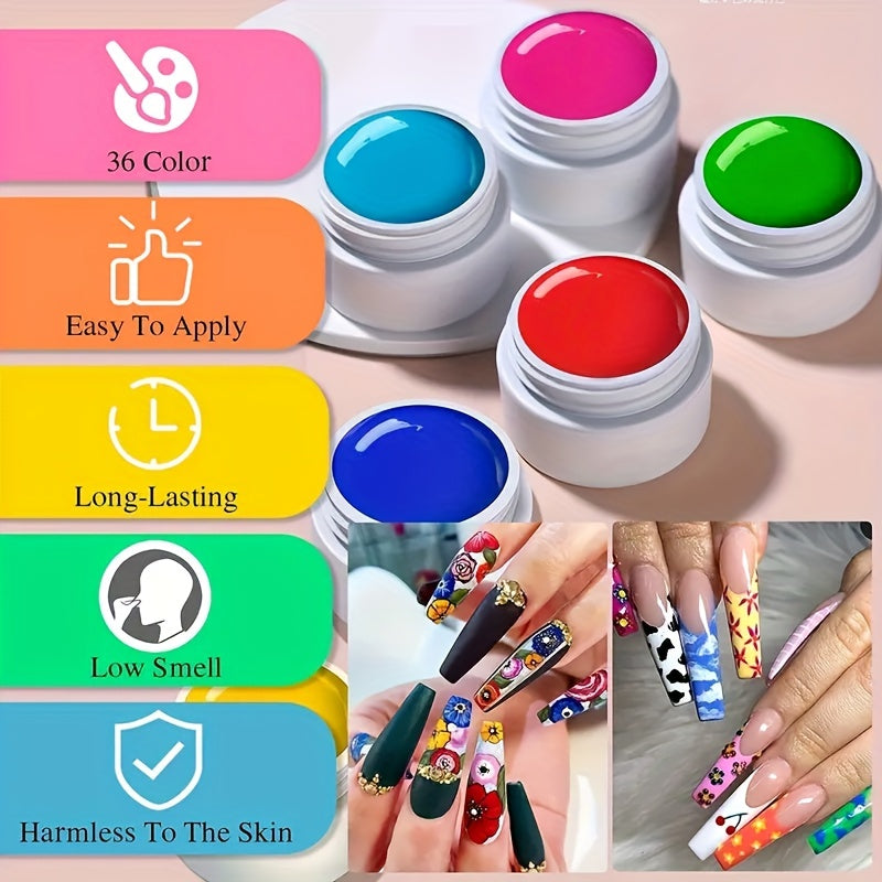 36 Color Nail Art Gel Paint Kit - Nail Art Kit Nail Gel Set With 15pcs Painting Nail Brushes