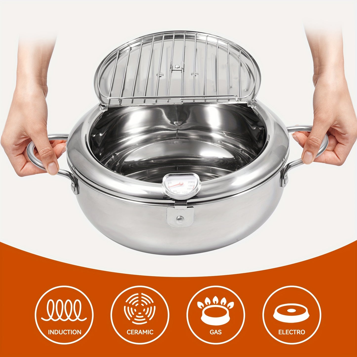 304 Stainless Steel Large Capacity Frying Pan With Thermometer, Compatible With Gas Stove And Induction Cooker, Japanese-style, Precise Temperature Control, Healthy Oil Drainage