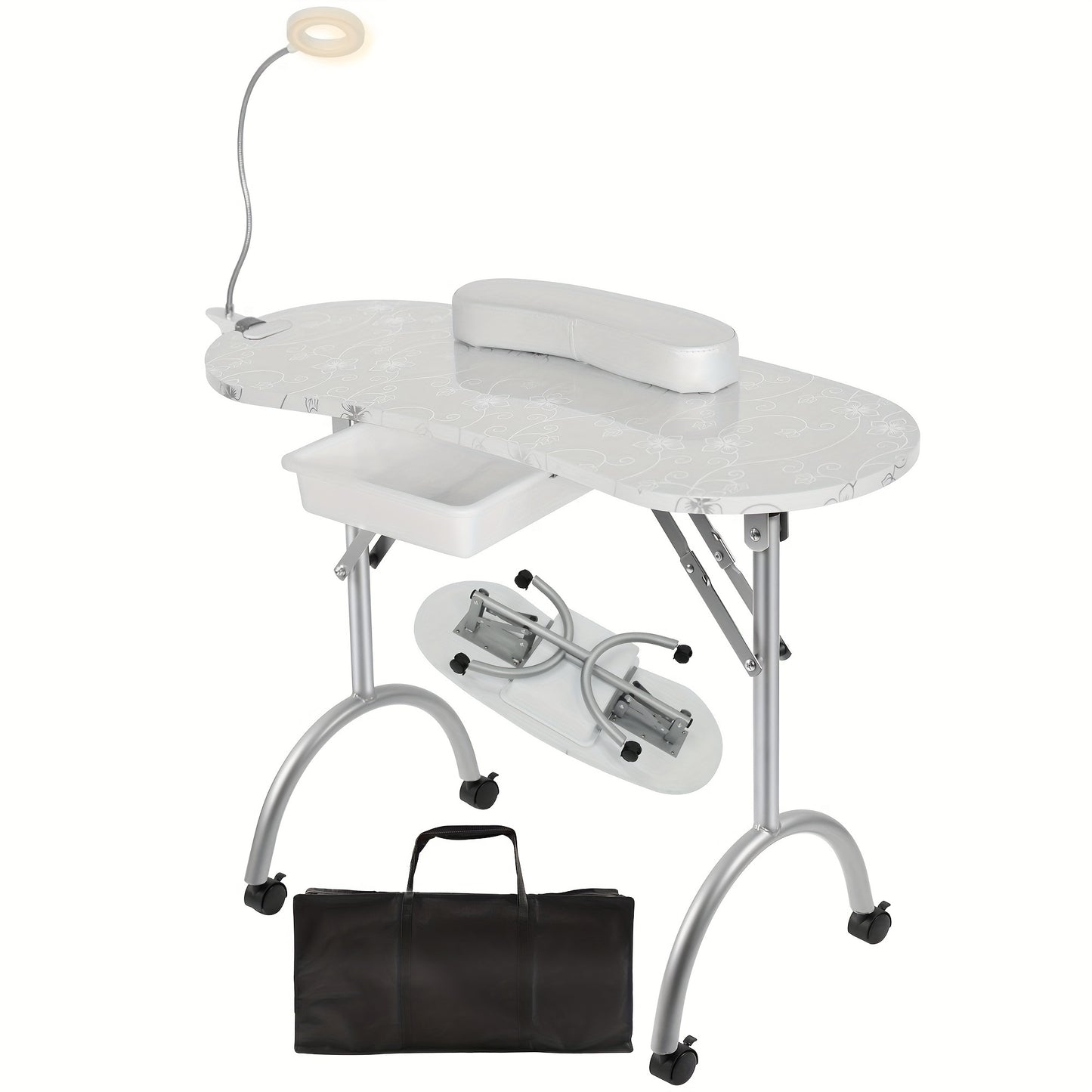 Professional Portable Manicure Station - Foldable Nail Table with Spacious Drawer, LED Lamp, 4 Lockable Wheels, Carry Bag, Wrist Cushion, and Ergonomic Design for Comfortable Nail Care