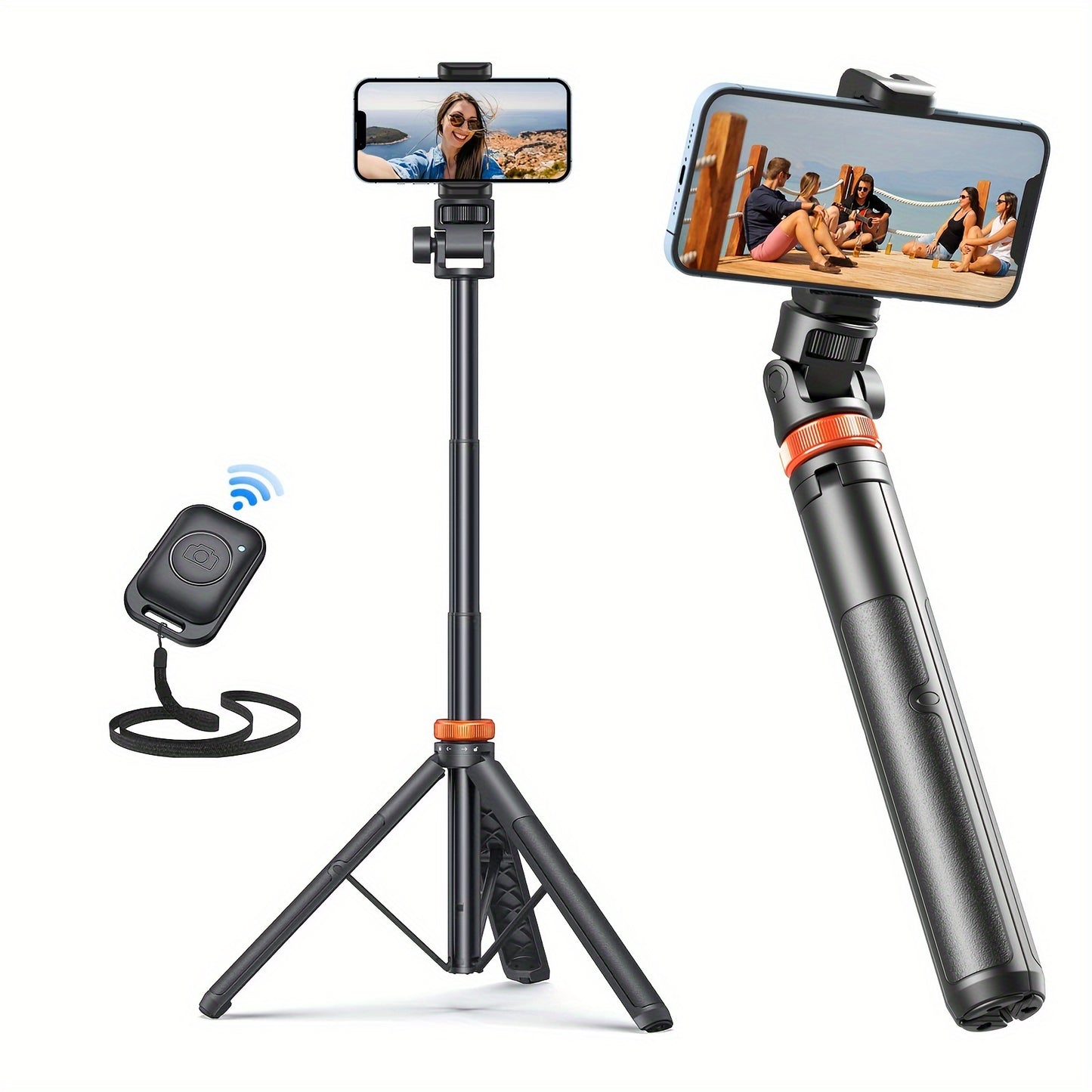 62 Inch Extra-Large Phone Tripod Stand - Wireless Remote, Retractable, Travel-Friendly, Compatible with iPhone 15/14/13, Android, and More - Battery Powered, Non-Rechargeable, Solid and Durable