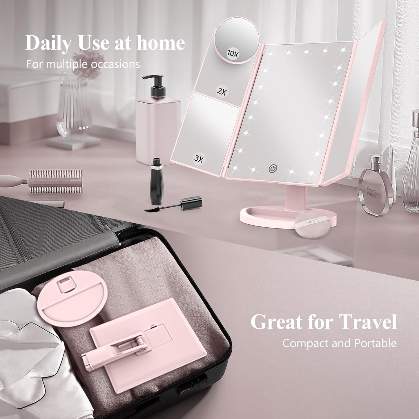 Makeup Mirror Vanity with Lights, 2X 3X 10X Magnification, Lighted Mirror, Touch Control, Trifold Dual Power Supply, Portable LED Women Gift