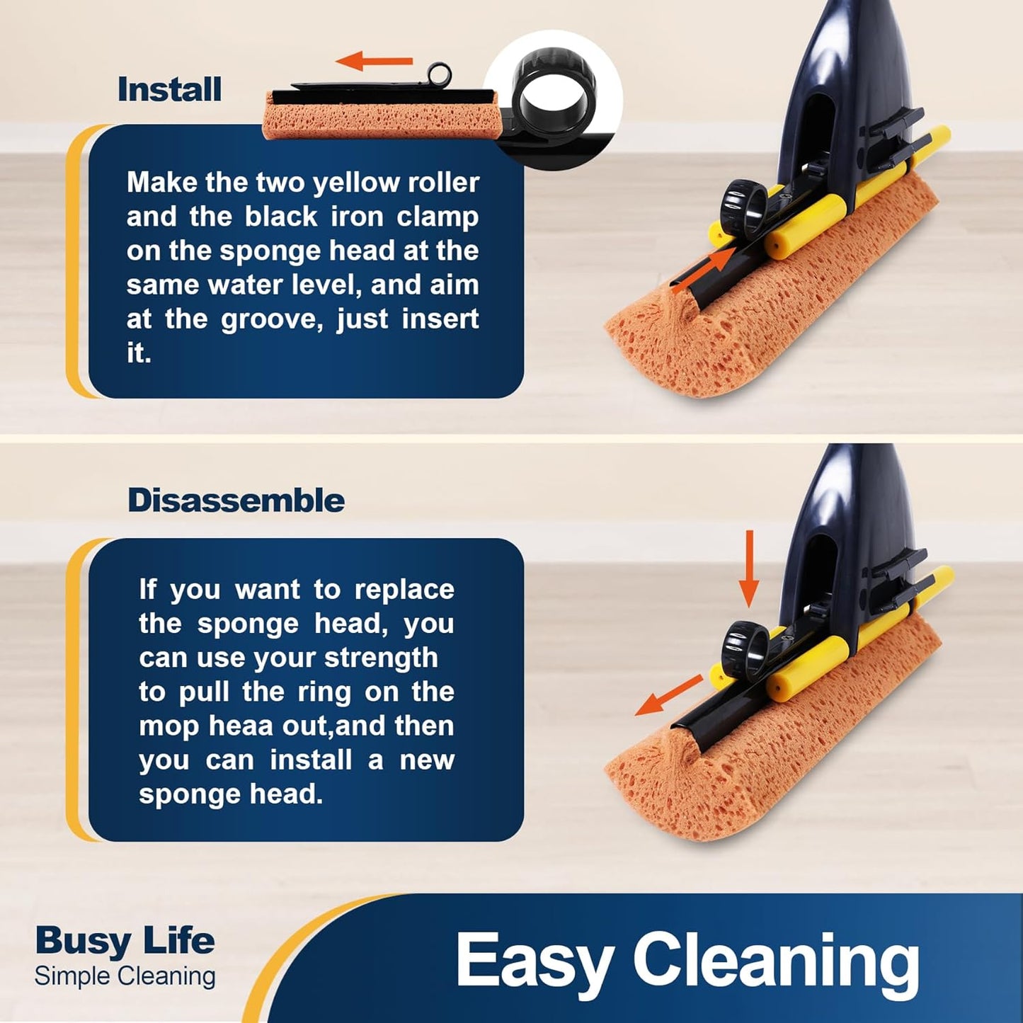 Sponge Mop Home Commercial Use Tile Floor Bathroom Garage Cleaning with Total 2 Sponge Heads Squeegee and Extendable Telescopic Long Handle from 42.5 to 52 Inches Easily Dry Wringing