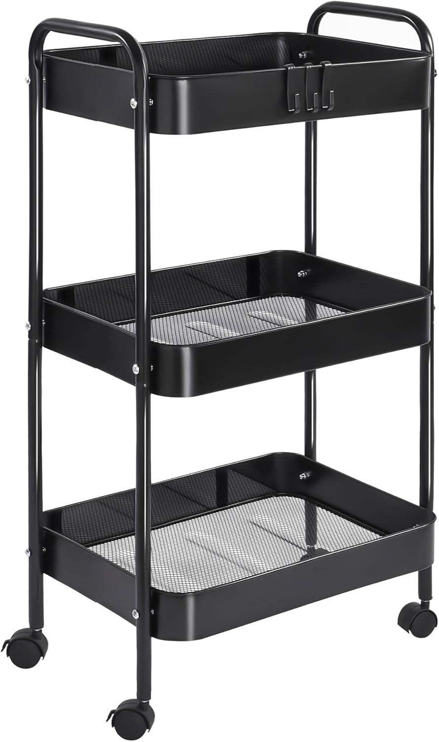 3 Tier Metal Rolling Cart, Utility Rolling Carts with Wheels, Handle and Lockable Casters, Storage Trolley with Hooks, Easy Assemble for Kitchen, Living Room, Office, Nursery, Garage