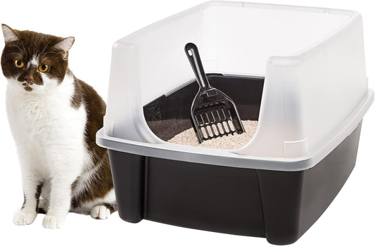 Large Cat Litter Box with Scatter Shield and Scoop, Open Top High Sided Cat Litter Pan