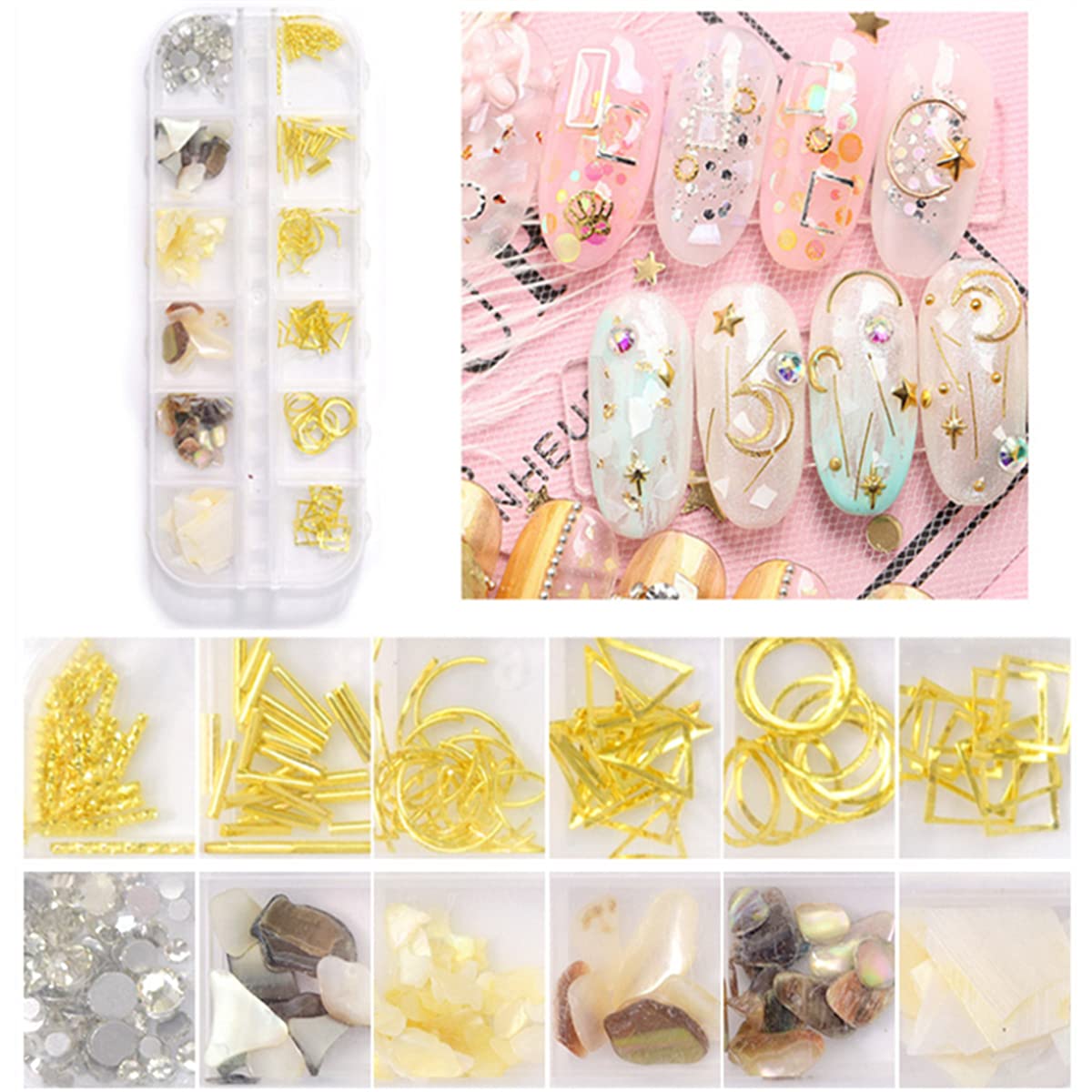 5 Boxes Gold & Silver Metal Nail 3D Punk Studs Star Moon Heart Triangle Square Rivet Gems Nail Art Jewels with a Curved Tweezers and a Nail Brush