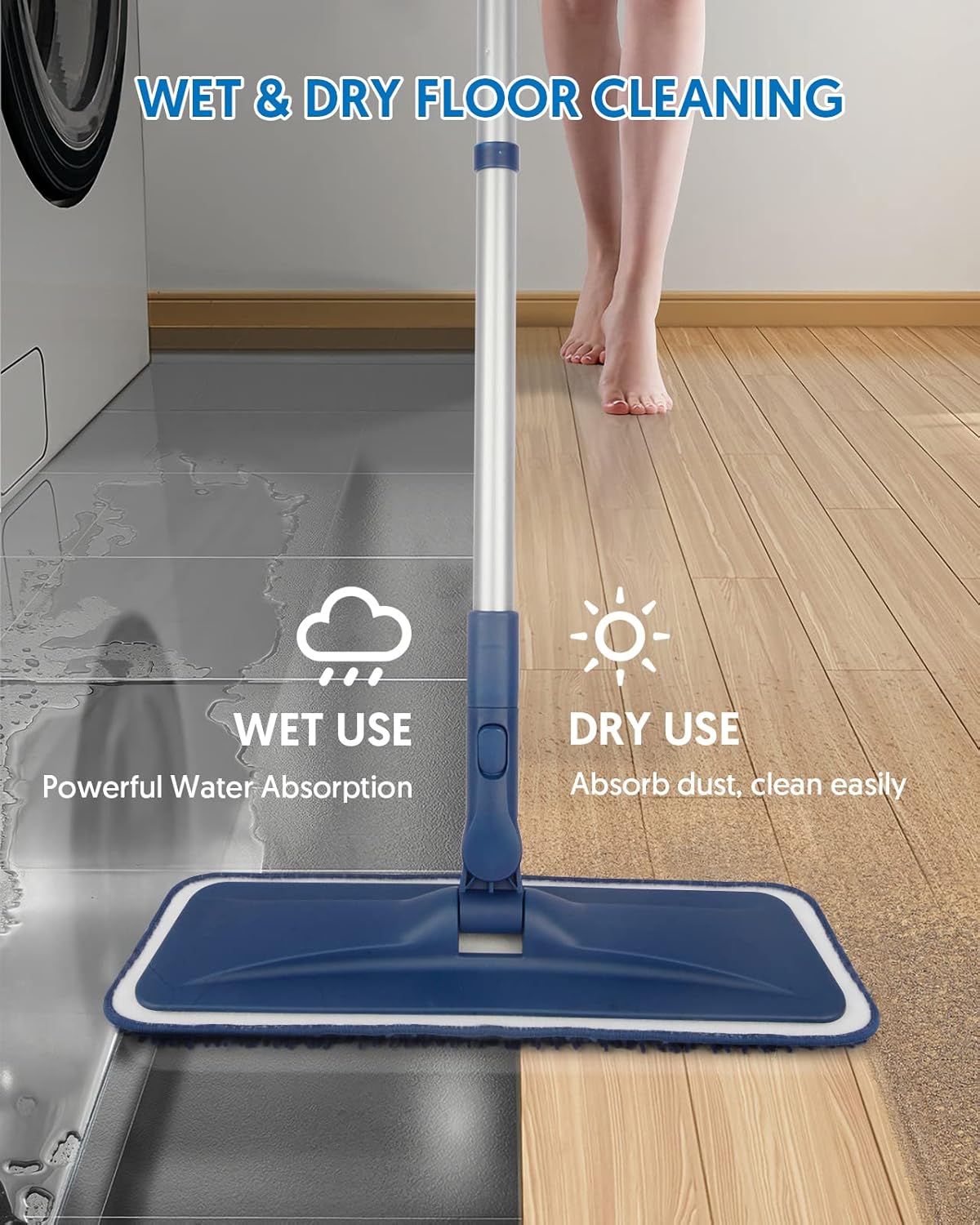 Microfiber Mops for Floor Cleaning - Flat Floor Mop Wet Dry Dust Mop for Hardwood Floors Laminate Wood Tile Vinyl Wall Hard Surface, Bathroom Kitchen Mop with 4 Reusable Washable Chenille Pads