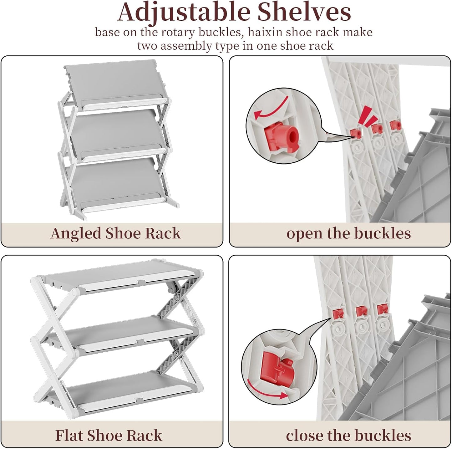 Shoe Rack Storage Organizer, Adjustable Angled Shoe Shelf, Storage and Organization for Closet, Entryway, Small Space (Grey, 3 Tier)