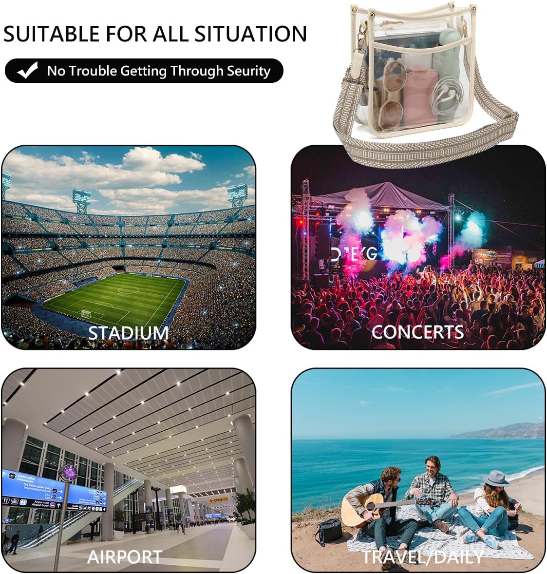 Clear Crossbody Bag Stadium Approved - Clear Purses for Women with Adjustable Strap Clear Shoulder Bag for Concerts