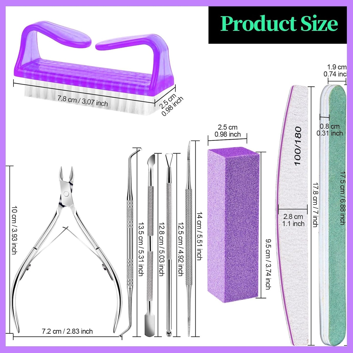 Manicure and Pedicure Tools Kit, Nail Files 100/180, Nail Buffer Block, Nail Cuticle Nippers, Cuticle Pusher, Cuticle Peeler, Nail Lifter for Ingrown Toenails, Toenail File