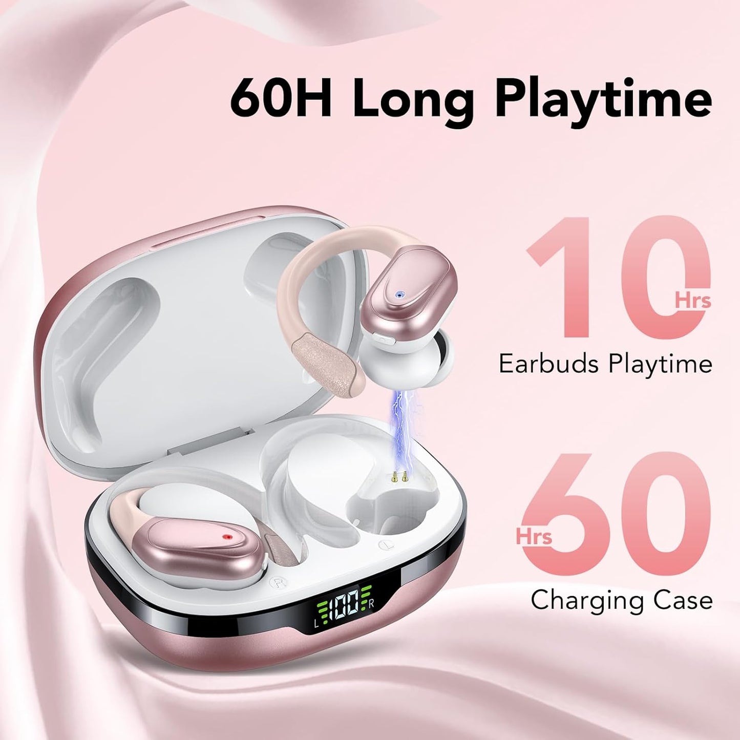 Ear buds Wireless Earbuds Bluetooth 5.3 Headphones 60hrs Playtime with Digital Display Sports Wireless Headphones with Earhook Deep Bass IPX7 Waterproof Over-Ear Earbuds for Android iOS Workout