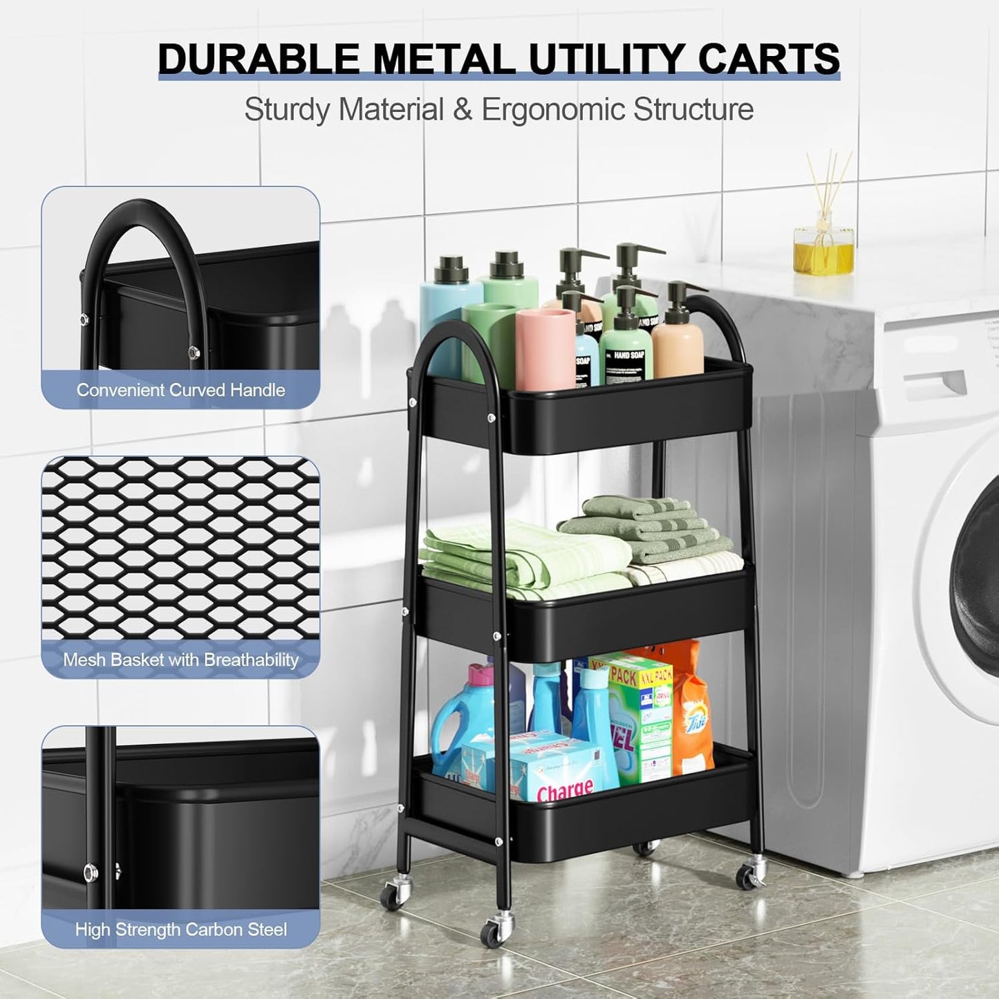 3 Tier Utility Rolling Cart, Metal Storage Cart with Handle and Lockable Wheels, Multifunctional Storage Organizer Trolley with Mesh Baskets for Kitchen, Living Room, Office, Garage (Black)