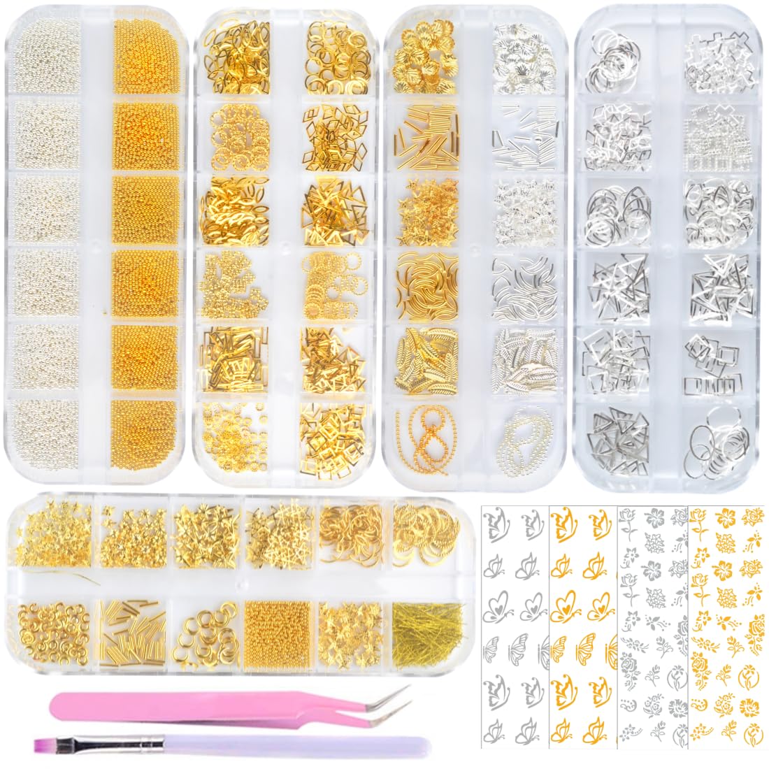 5 Boxes Gold & Silver Metal Nail 3D Punk Studs Star Moon Heart Triangle Square Rivet Gems Nail Art Jewels with a Curved Tweezers and a Nail Brush