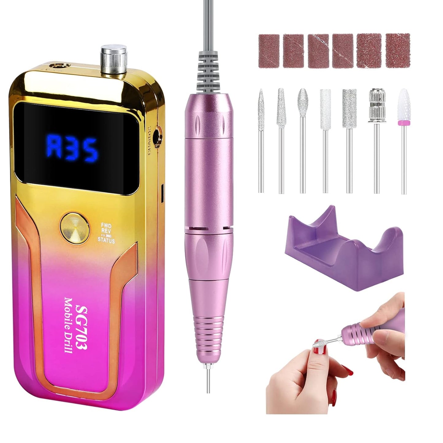 Portable Nail Drill Professional 35000 RPM, Rechargeable Electric Nail File Machine E File for Acrylic Nails Gel Polishing Removing, Cordless Efile with Bits Kit for Manicure Salon Home