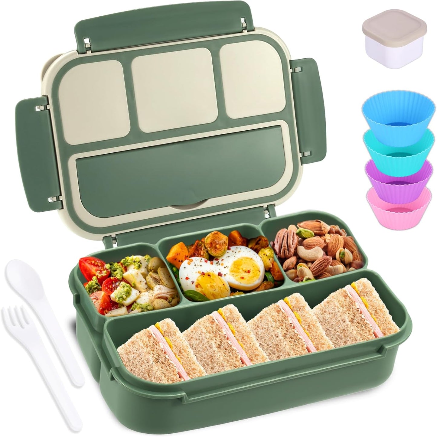 Bento Box Adult Lunch Box, Containers for Adults Men Women with 4 Compartments, Lunchable Food Container with Utensils, Sauce Jar, Muffin Liners, 40 Oz/5 Cup, Microwave & Dishwasher Safe, Brown