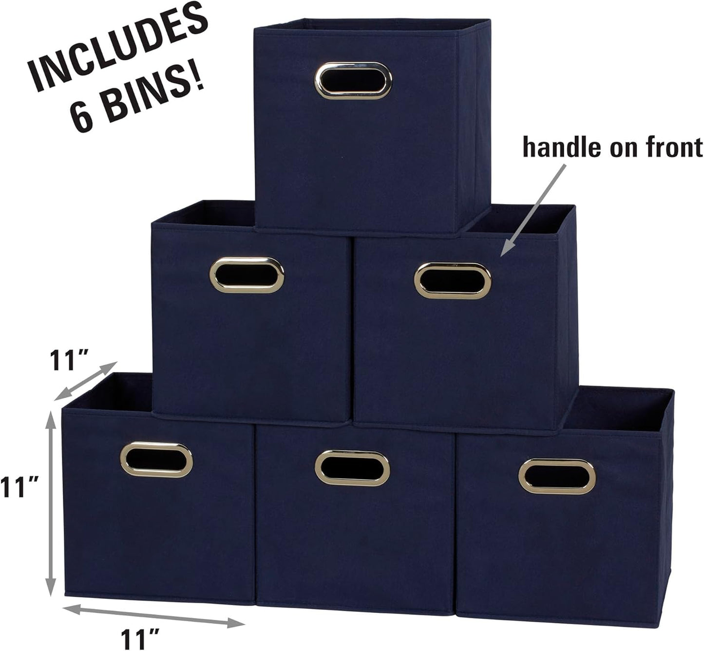 Fabric Storage Cube Bins, 6 Piece Set, Strong Poly-Woven Fabric, Chipboard Sides, Grommet Front Handle, Stackable and Foldable, Classic Design