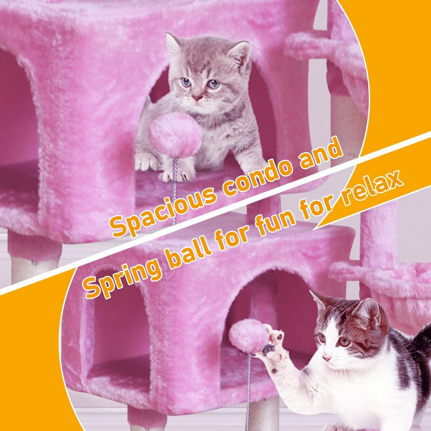 Cat Tree Cat Tower Condo with Sisal Scratching Post for Indoor Cats Cat Tree Cat Furniture with Hammock Perch and Kitten Ball Toys, Multi-Level Pet Activity Center Pink