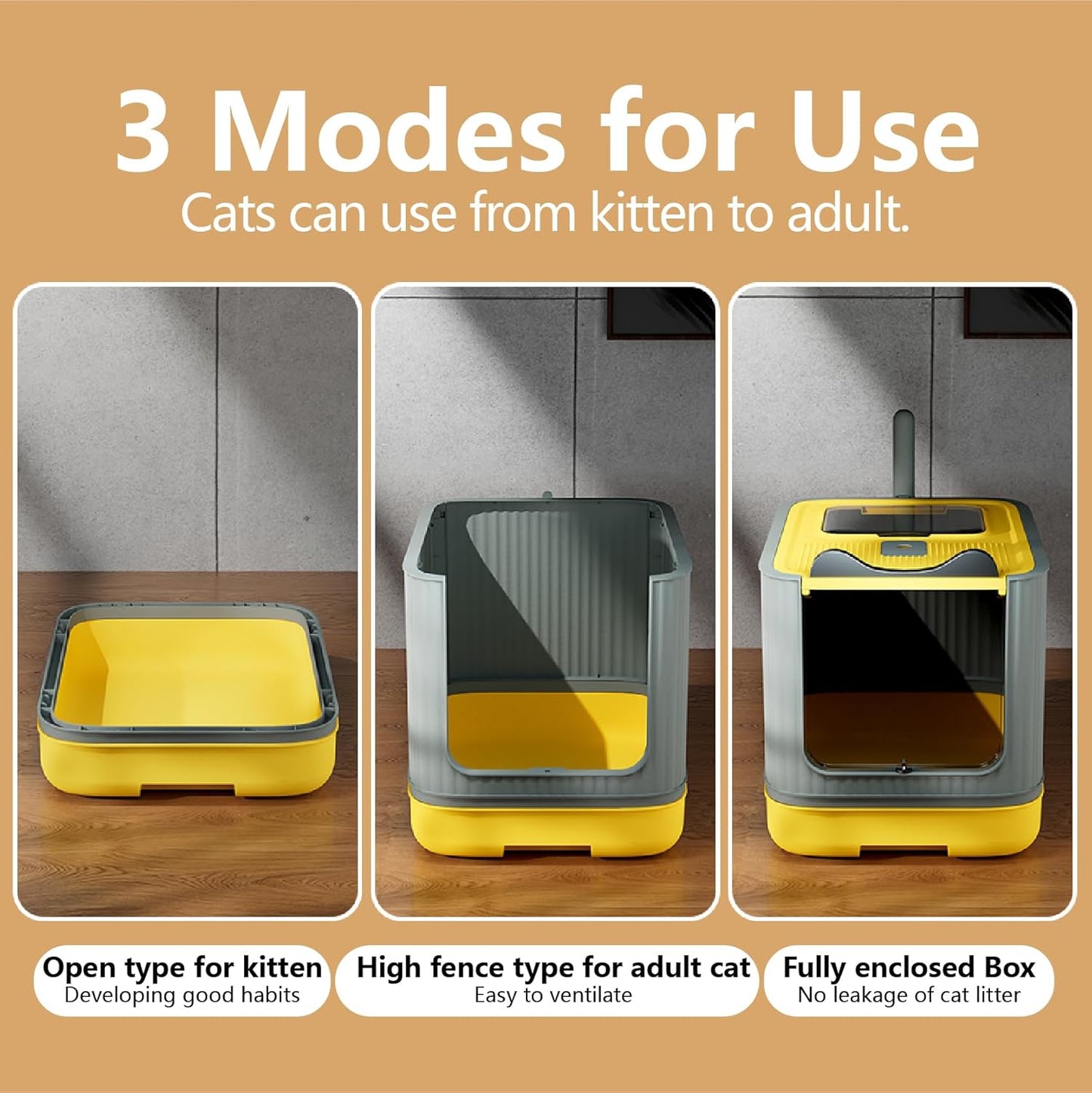 Fully Enclosed Cat Litter Box Enclosure, Premium Covered Litter Box with Lid, Anti-Splashing Easy to Clean Covered Kitty Litter Box, 3 Modes Cat can Use from Kitten to Adult(Yellow&Grey)