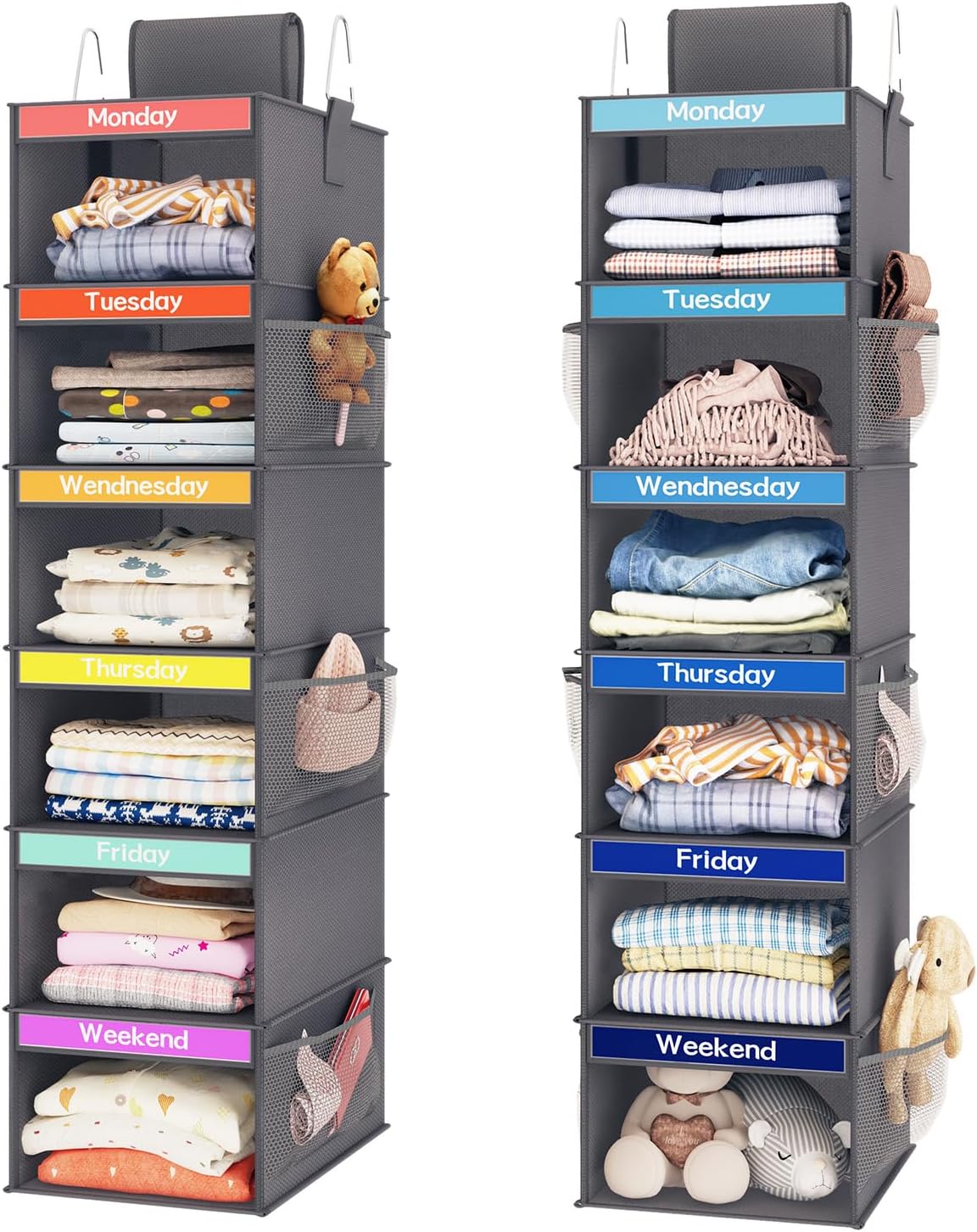 2 Pack 6-Shelf Weekly Hanging Closet Organizer for Kids, Kids Daily Clothes Organizers with 6 Side Pockets, Days of The Week Hanging Storage Shelves